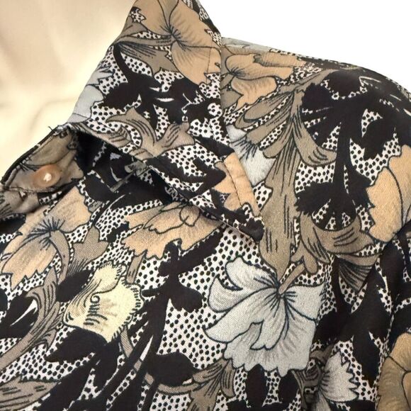 Rare 70s Vintage Brown, Black & Gray Floral Long Sleeve Button Down Top Size M - Picture 6 of 14